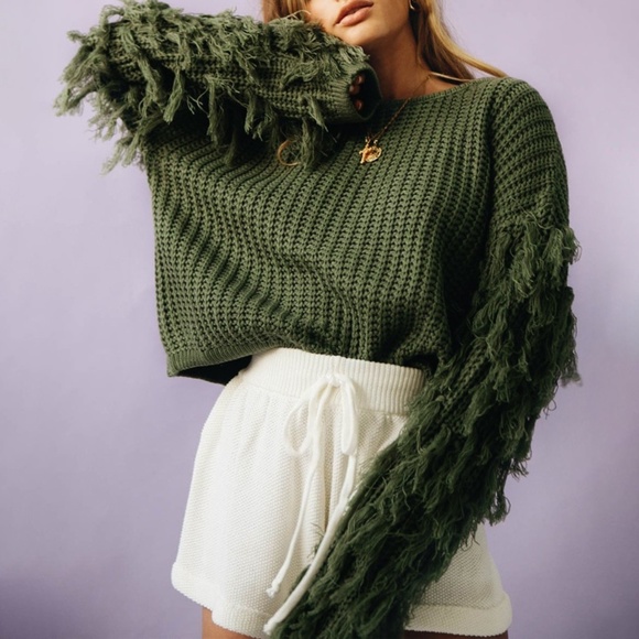 Fringe sleeve knit sweater fall cream cozy GREEN - Picture 3 of 8